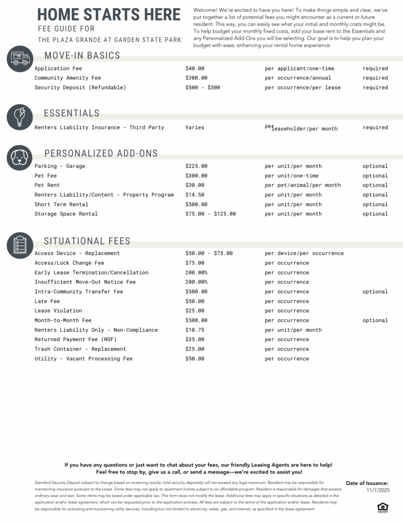 The Plaza Grande at Garden State Park Fee Guide